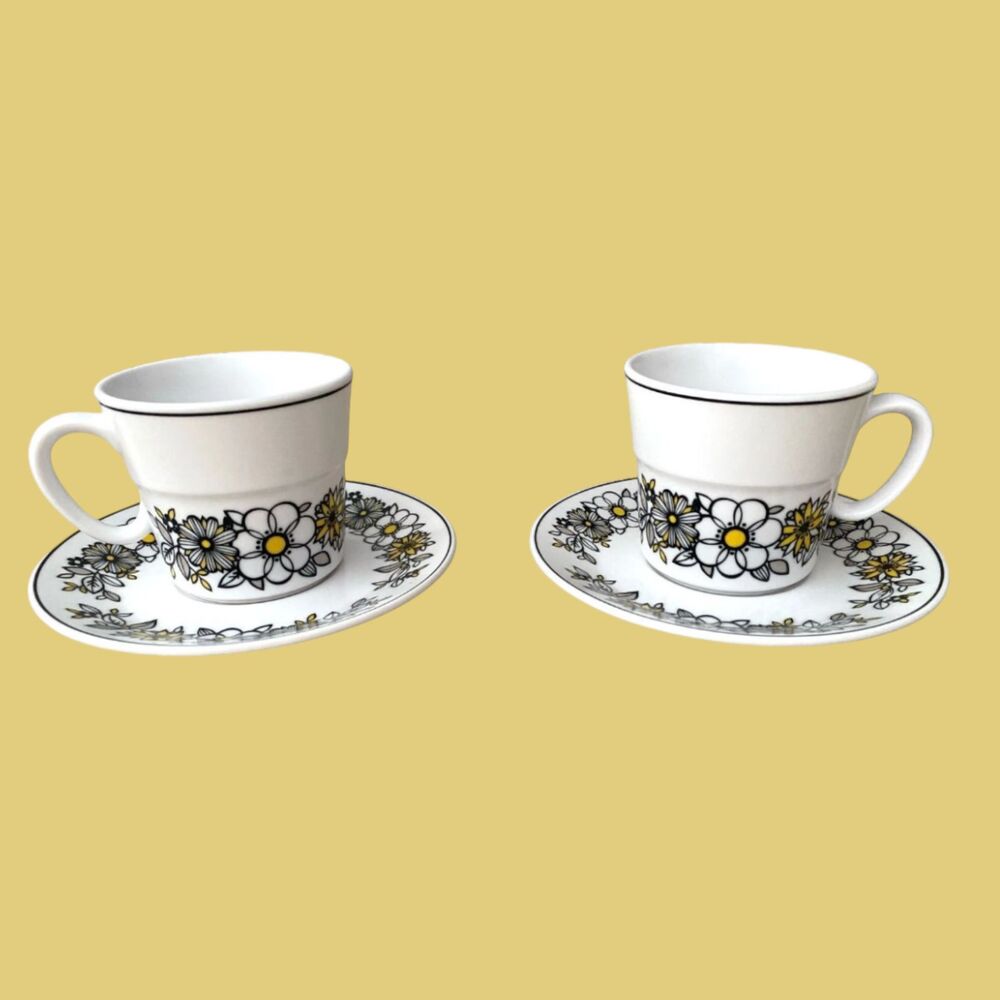 Noritake Progression China Tressa 9029 Cups & Saucers Set of 2 Floral Daisies